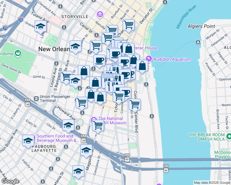 map of restaurants, bars, coffee shops, grocery stores, and more near 601 Tchoupitoulas Street in New Orleans