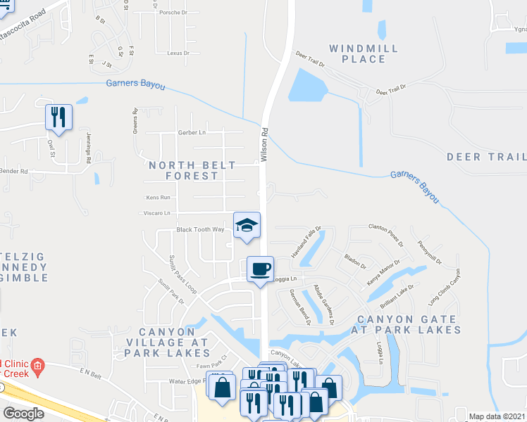 map of restaurants, bars, coffee shops, grocery stores, and more near 4575 Wilson Road in Humble