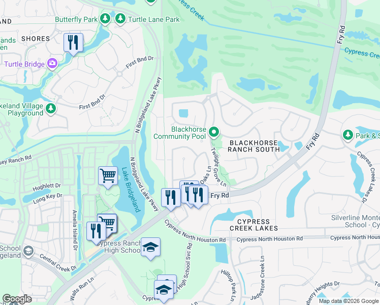 map of restaurants, bars, coffee shops, grocery stores, and more near 11703 Owens Canyon Lane in Cypress