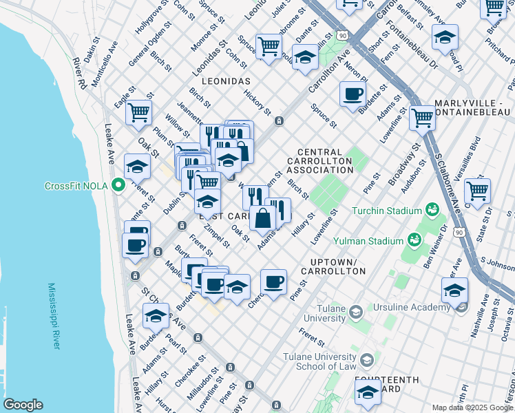 map of restaurants, bars, coffee shops, grocery stores, and more near in New Orleans