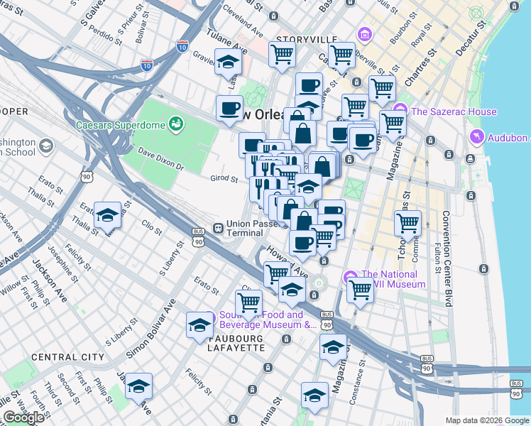 map of restaurants, bars, coffee shops, grocery stores, and more near 762 South Rampart Street in New Orleans