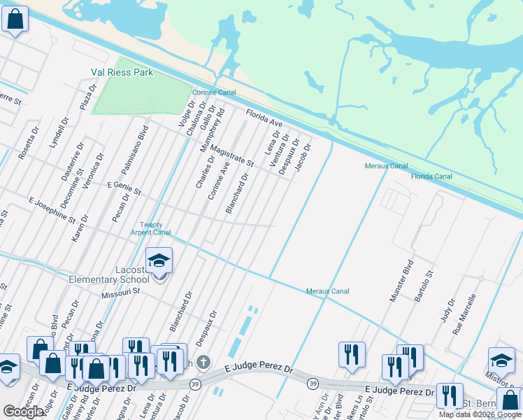 map of restaurants, bars, coffee shops, grocery stores, and more near 3621 Ventura Drive in Chalmette