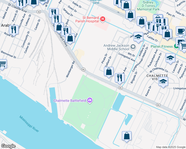 map of restaurants, bars, coffee shops, grocery stores, and more near 8101 Louisiana 46 in Chalmette
