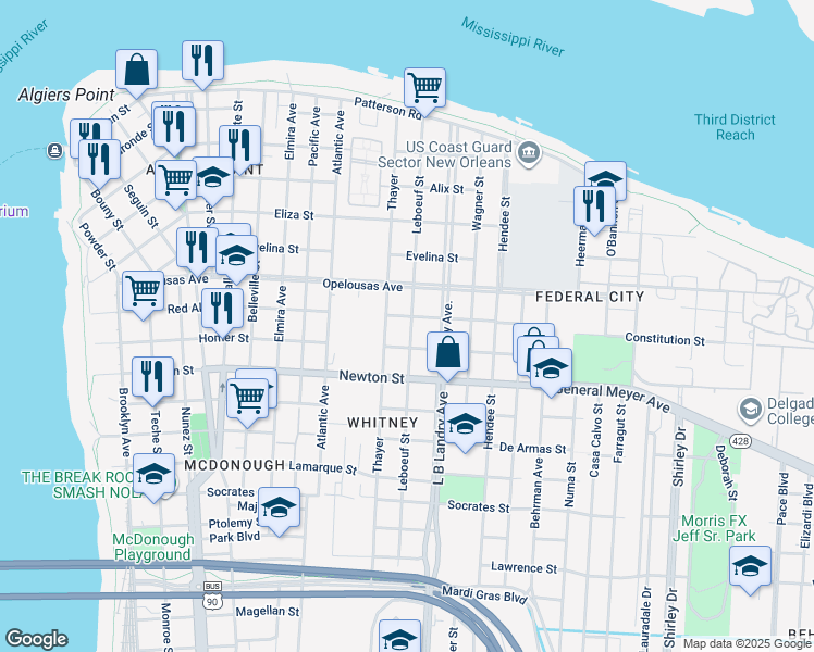 map of restaurants, bars, coffee shops, grocery stores, and more near 743 Leboeuf Street in New Orleans