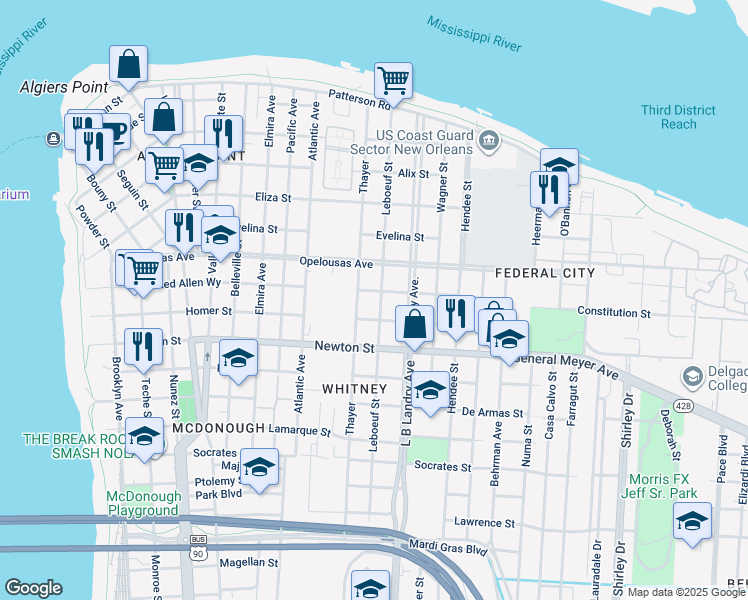 map of restaurants, bars, coffee shops, grocery stores, and more near 743 Leboeuf Street in New Orleans