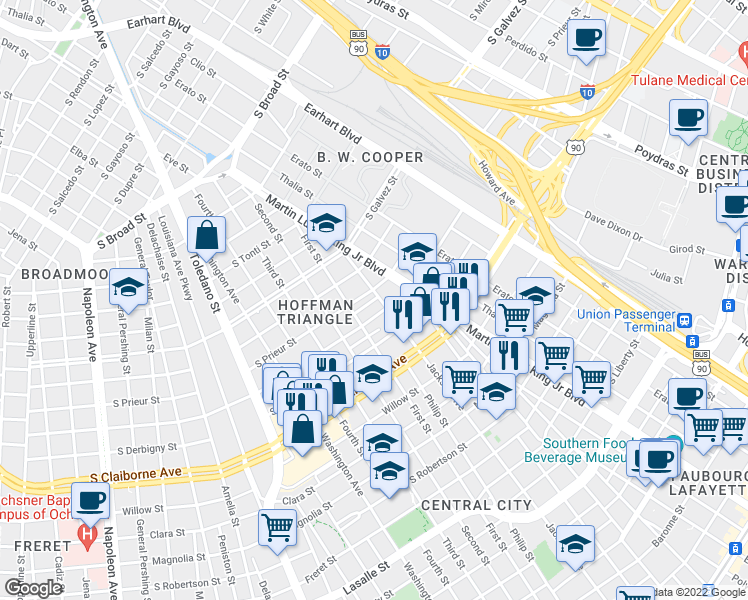 map of restaurants, bars, coffee shops, grocery stores, and more near 3200 Josephine Street in New Orleans