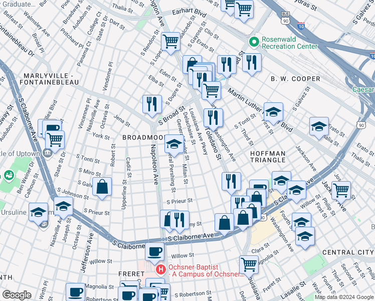 map of restaurants, bars, coffee shops, grocery stores, and more near 4202 South Rocheblave Street in New Orleans