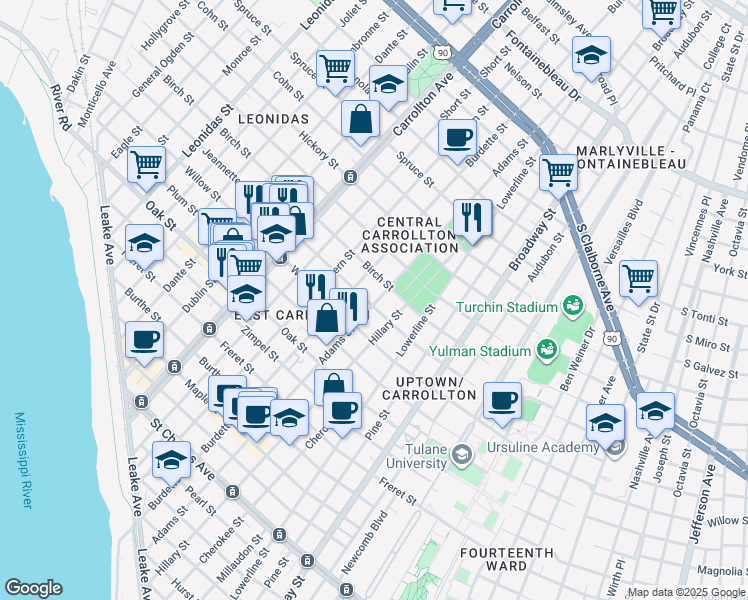 map of restaurants, bars, coffee shops, grocery stores, and more near 7729 Jeannette Street in New Orleans