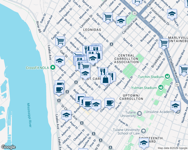 map of restaurants, bars, coffee shops, grocery stores, and more near 1327 Short Street in New Orleans