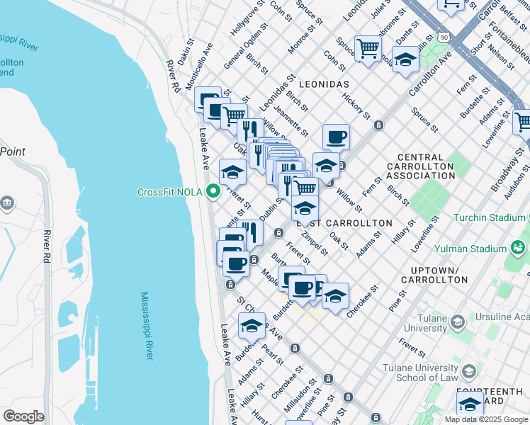 map of restaurants, bars, coffee shops, grocery stores, and more near 8220 Zimple Street in New Orleans