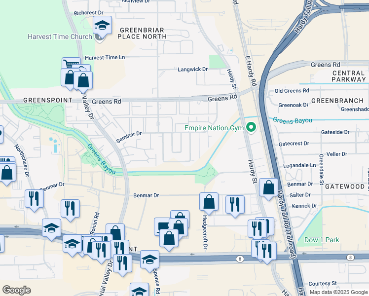map of restaurants, bars, coffee shops, grocery stores, and more near 17110 Ivy Creek Lane in Houston