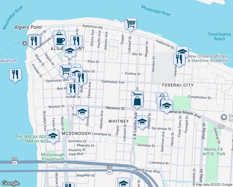 map of restaurants, bars, coffee shops, grocery stores, and more near 801 Thayer in New Orleans