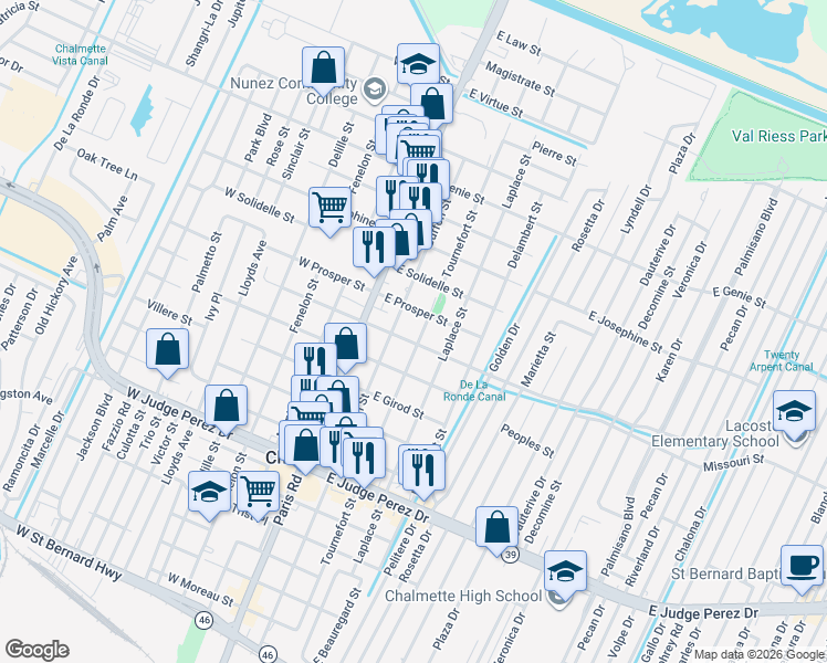 map of restaurants, bars, coffee shops, grocery stores, and more near 3127 Buffon Street in Chalmette