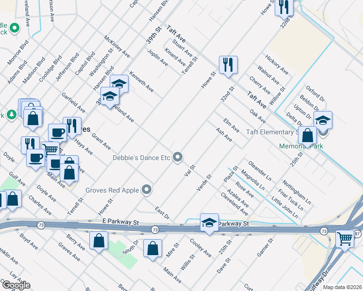 map of restaurants, bars, coffee shops, grocery stores, and more near 6551 32nd Street in Groves