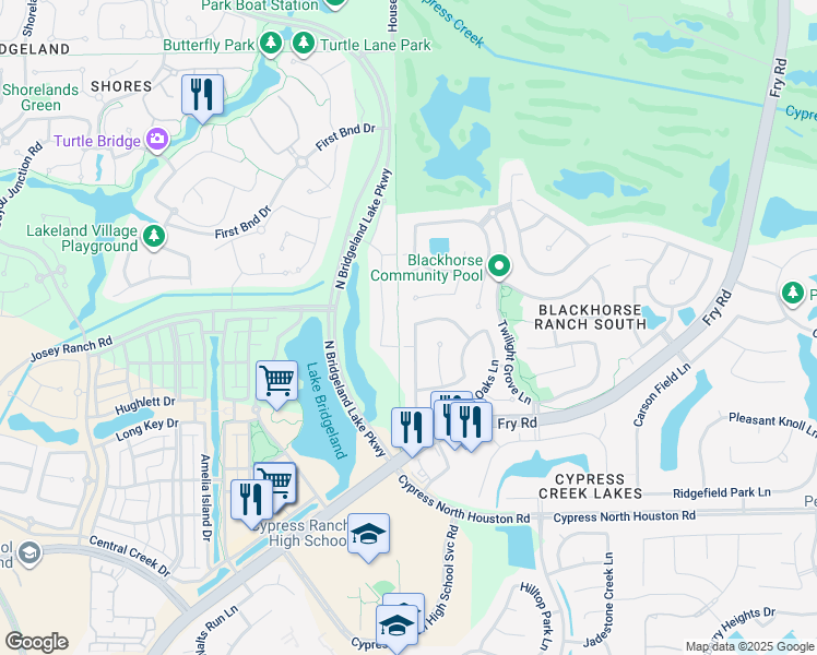 map of restaurants, bars, coffee shops, grocery stores, and more near 11623 Columbia Pines Lane in Cypress