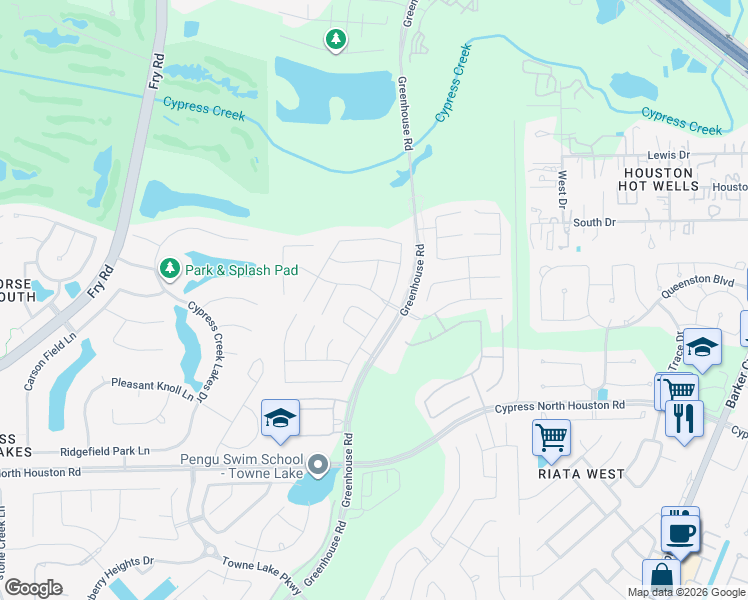 map of restaurants, bars, coffee shops, grocery stores, and more near 18223 Winding Willow Oak Way in Cypress