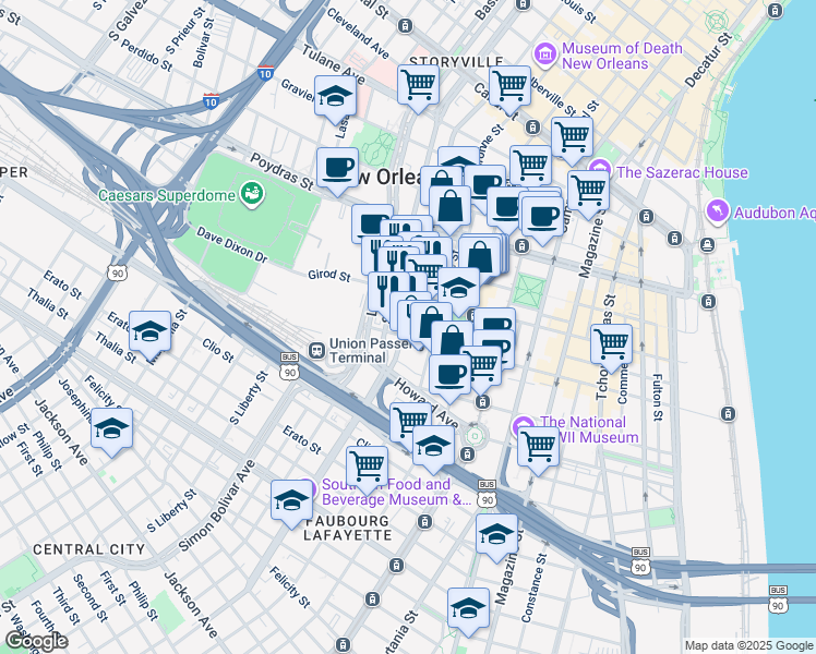 map of restaurants, bars, coffee shops, grocery stores, and more near 752 O'Keefe Avenue in New Orleans
