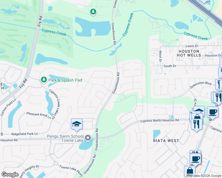 map of restaurants, bars, coffee shops, grocery stores, and more near 18223 Winding Willow Oak Way in Cypress