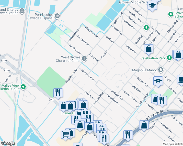 map of restaurants, bars, coffee shops, grocery stores, and more near 5526 Baird Street in Groves