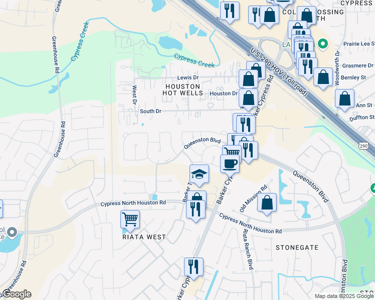 map of restaurants, bars, coffee shops, grocery stores, and more near 17318 Waterfall Swift Way in Cypress