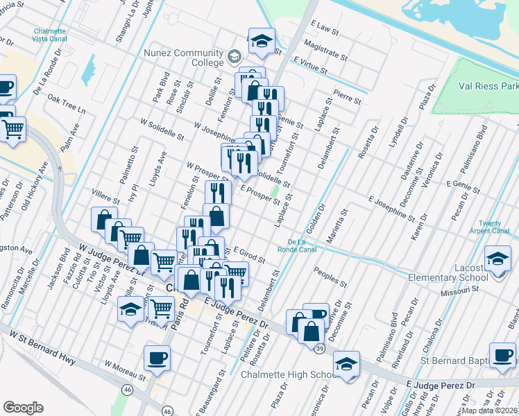map of restaurants, bars, coffee shops, grocery stores, and more near 3127 Buffon Street in Chalmette