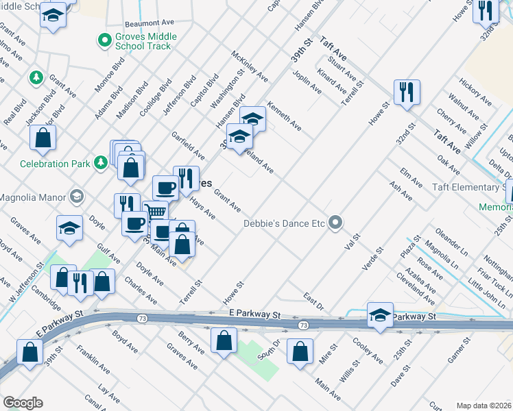 map of restaurants, bars, coffee shops, grocery stores, and more near 6373 Terrell Street in Groves