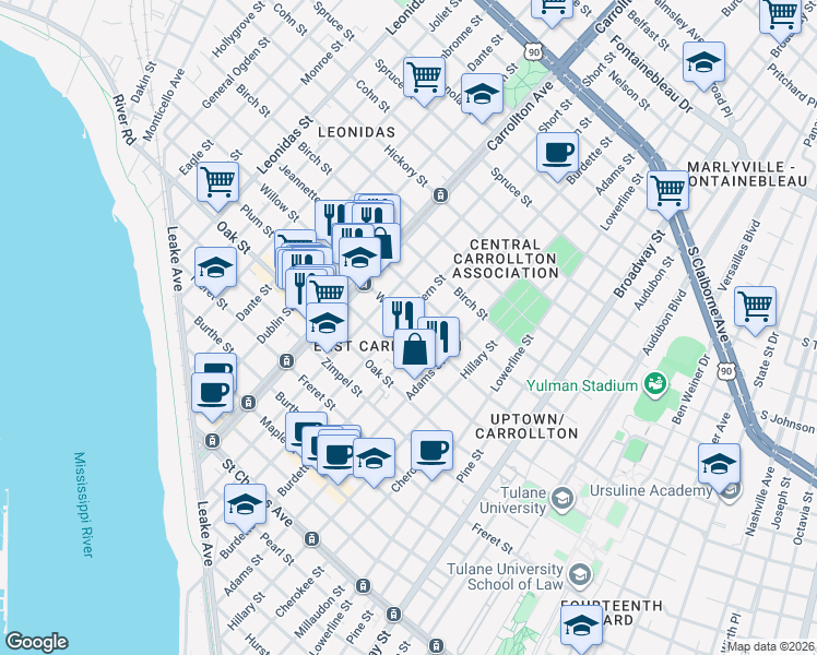 map of restaurants, bars, coffee shops, grocery stores, and more near in New Orleans
