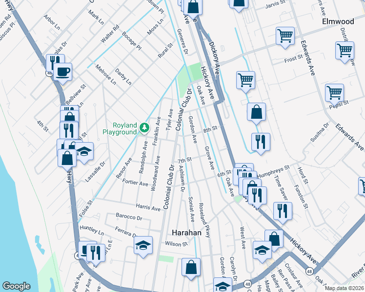 map of restaurants, bars, coffee shops, grocery stores, and more near 745 Ashlawn Drive in Harahan