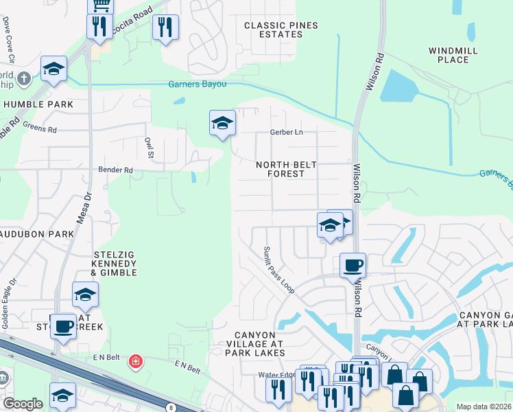 map of restaurants, bars, coffee shops, grocery stores, and more near 9230 Kens Run in Humble