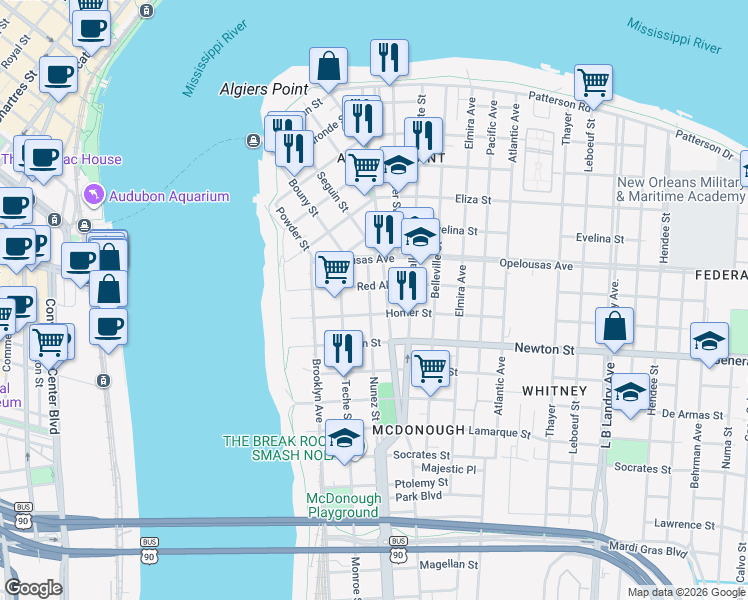 map of restaurants, bars, coffee shops, grocery stores, and more near 501 Slidell Street in New Orleans