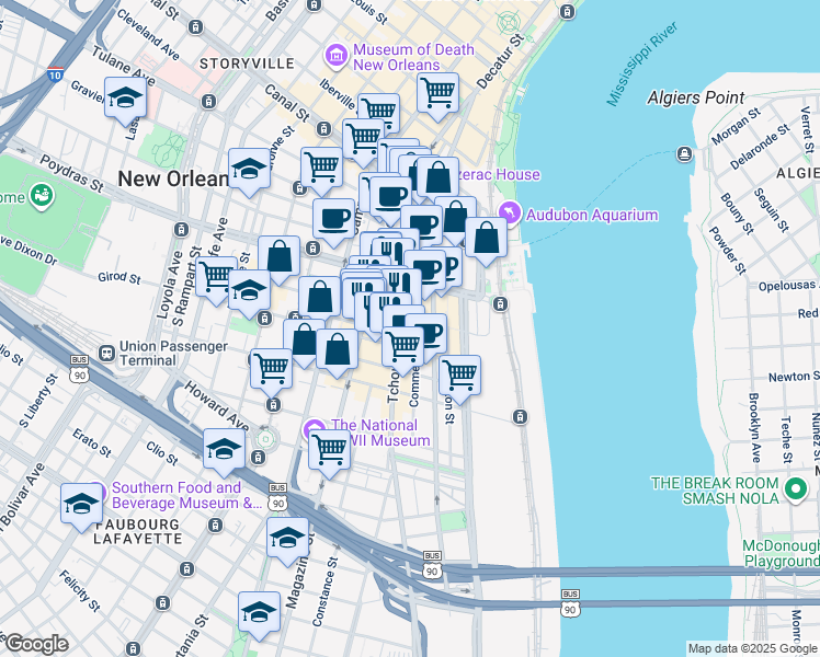 map of restaurants, bars, coffee shops, grocery stores, and more near 601 Tchoupitoulas Street in New Orleans