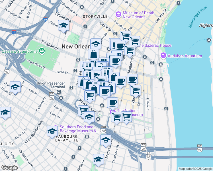 map of restaurants, bars, coffee shops, grocery stores, and more near 730 Girod Street in New Orleans