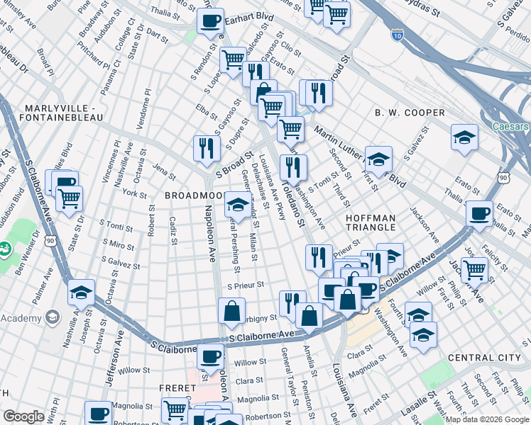 map of restaurants, bars, coffee shops, grocery stores, and more near 3717 Delachaise Street in New Orleans