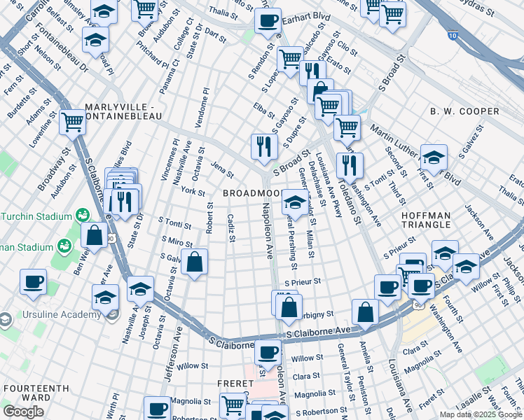 map of restaurants, bars, coffee shops, grocery stores, and more near in New Orleans