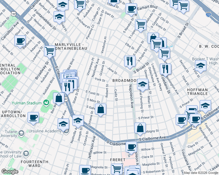 map of restaurants, bars, coffee shops, grocery stores, and more near 3720 Robert Street in New Orleans