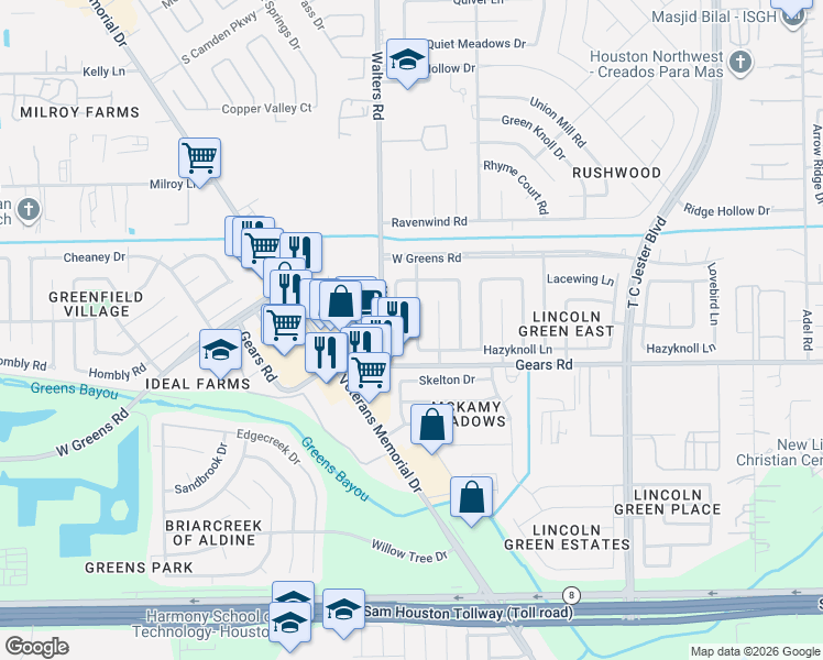 map of restaurants, bars, coffee shops, grocery stores, and more near 11322 Paramount Lane in Houston
