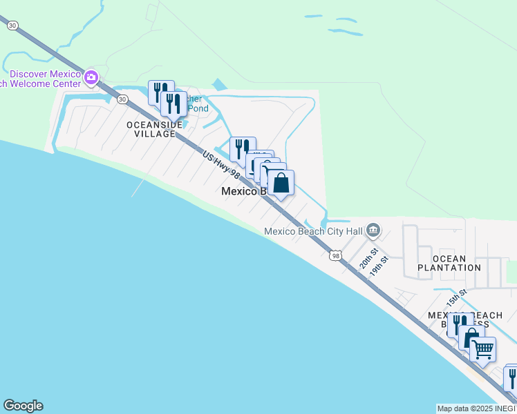 map of restaurants, bars, coffee shops, grocery stores, and more near in Mexico Beach