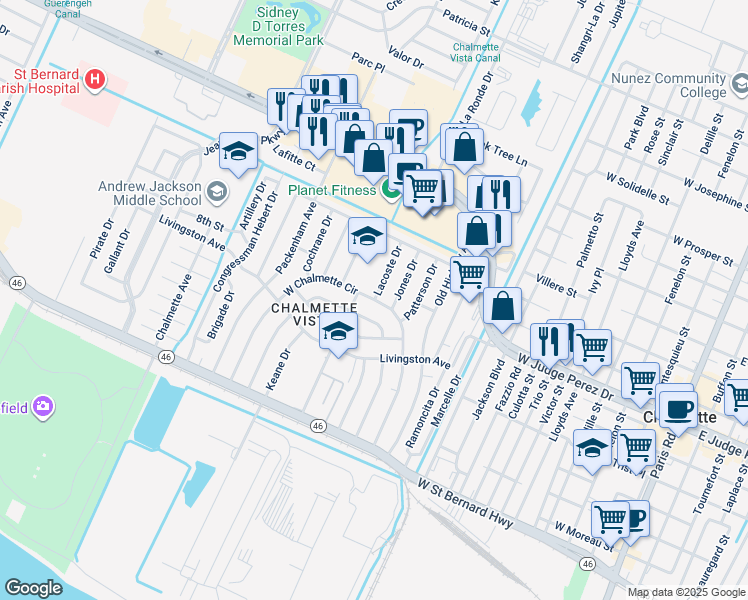 map of restaurants, bars, coffee shops, grocery stores, and more near 67 East Chalmette Circle in Chalmette