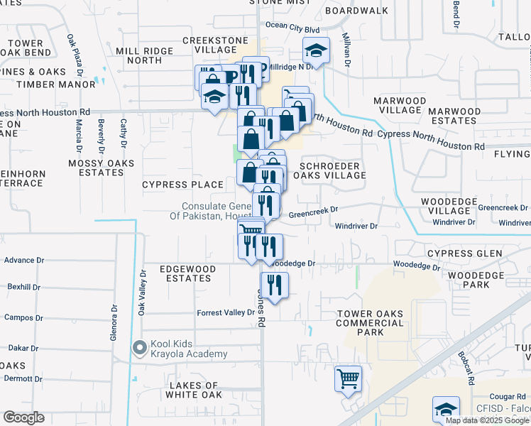 map of restaurants, bars, coffee shops, grocery stores, and more near 10800 Greencreek Drive in Houston