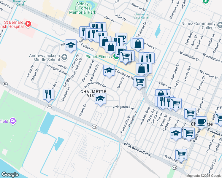 map of restaurants, bars, coffee shops, grocery stores, and more near 67 East Chalmette Circle in Chalmette