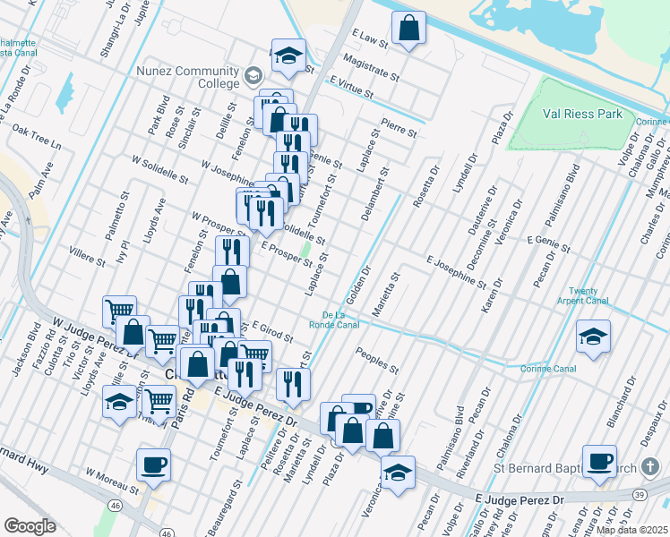 map of restaurants, bars, coffee shops, grocery stores, and more near 420 East Solidelle Street in Chalmette