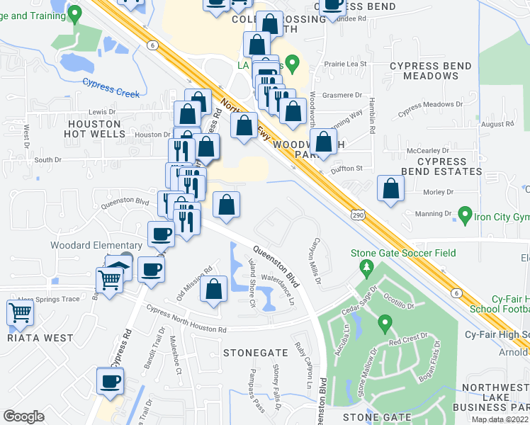 map of restaurants, bars, coffee shops, grocery stores, and more near 16518 North Canyon Trace Drive in Houston