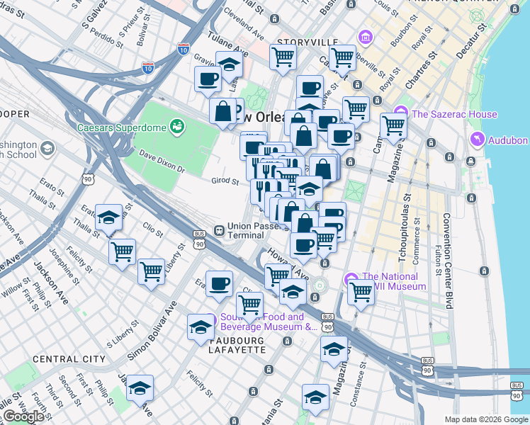 map of restaurants, bars, coffee shops, grocery stores, and more near 762 South Rampart Street in New Orleans