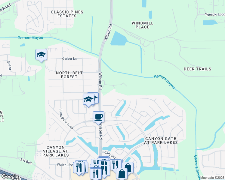 map of restaurants, bars, coffee shops, grocery stores, and more near 4125 Wilson Road in Humble