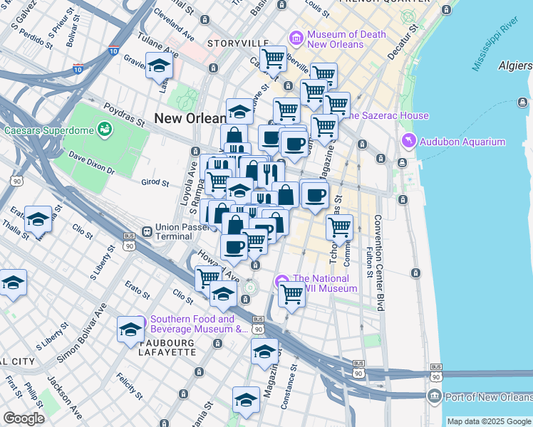 map of restaurants, bars, coffee shops, grocery stores, and more near in New Orleans
