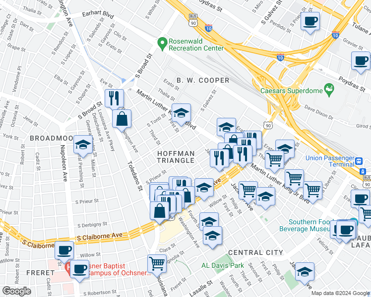 map of restaurants, bars, coffee shops, grocery stores, and more near 2318 South Johnson Street in New Orleans