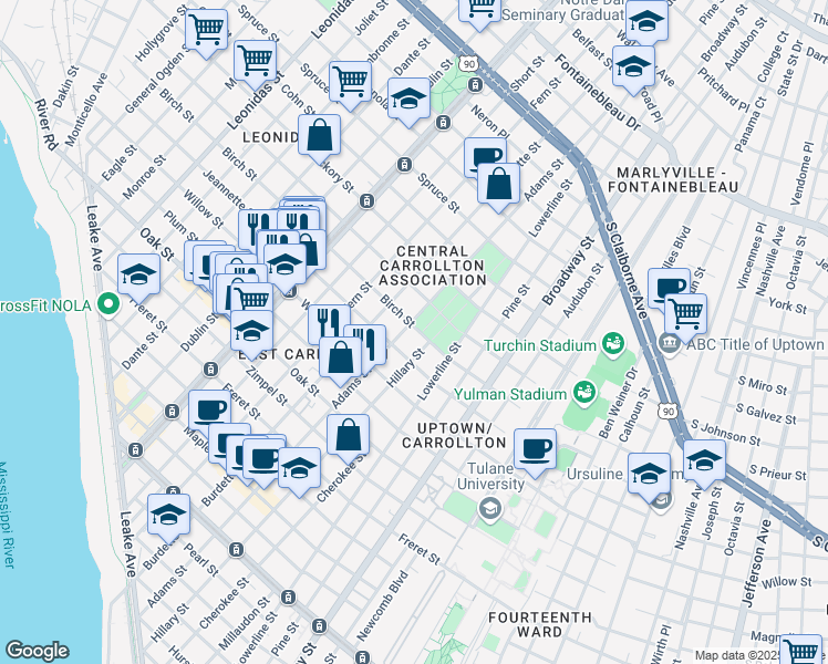 map of restaurants, bars, coffee shops, grocery stores, and more near 1601 Adams Street in New Orleans