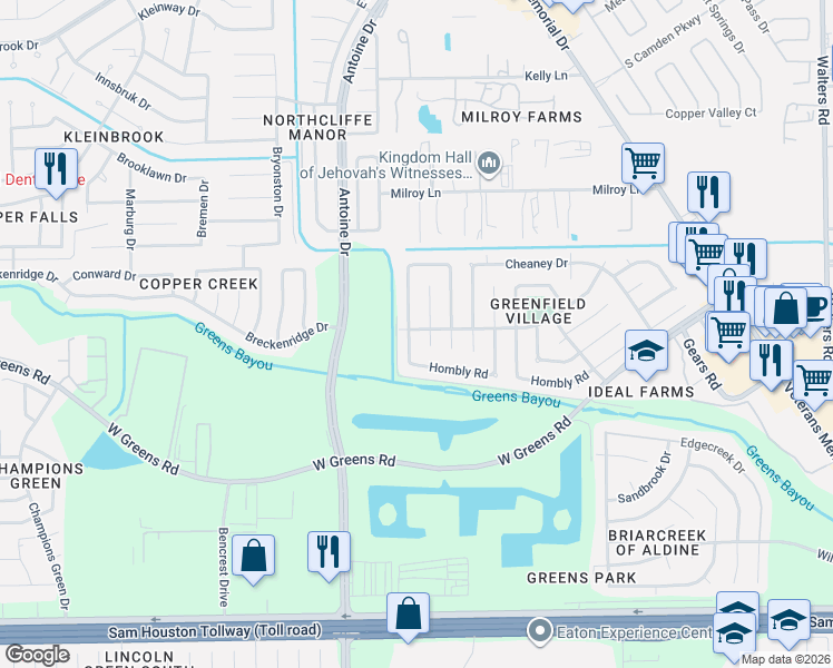 map of restaurants, bars, coffee shops, grocery stores, and more near 11403 Bethnal Green Drive in Houston