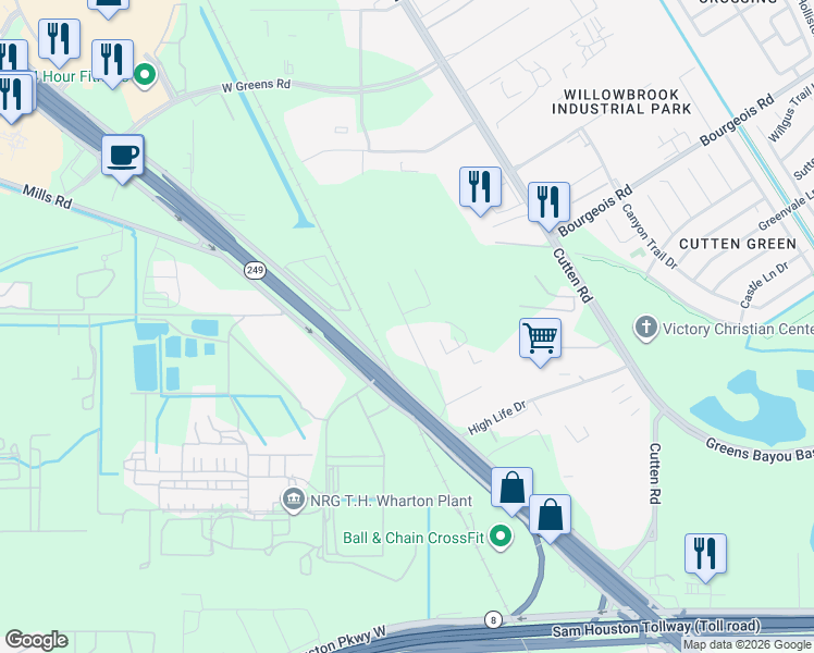 map of restaurants, bars, coffee shops, grocery stores, and more near 16250 Tomball Parkway in Houston