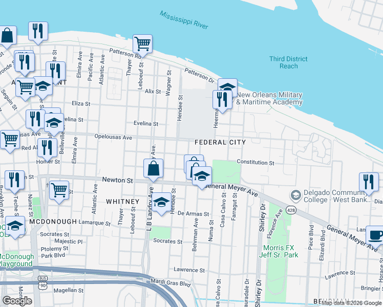 map of restaurants, bars, coffee shops, grocery stores, and more near 712 Sumner Street in New Orleans